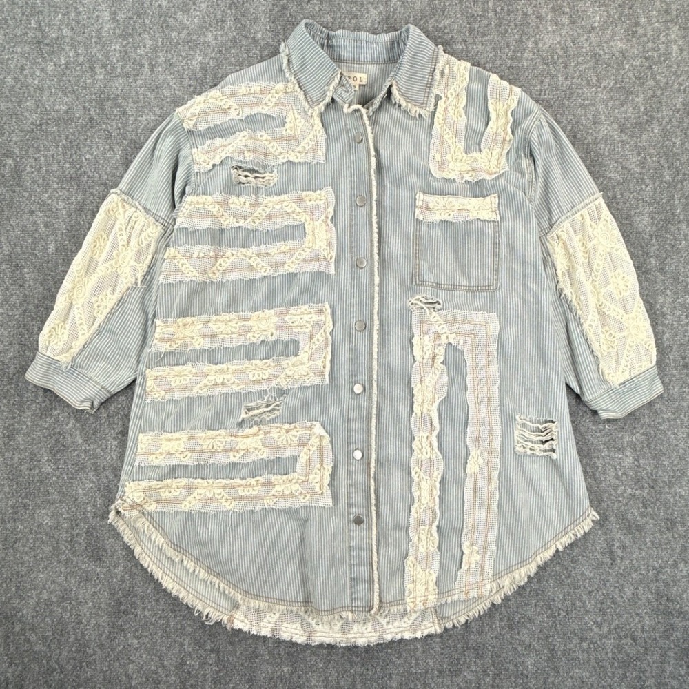 POL Shirt Womens Small Blue Stripe Lace Patchwork Distressed Boho Shacket